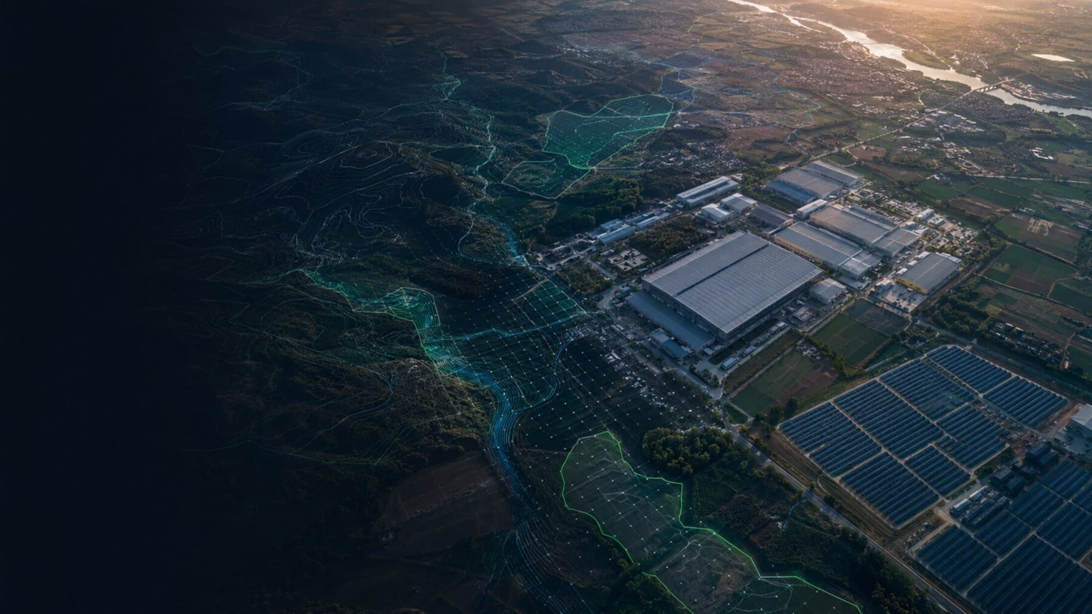 Aerial view of solar infrastructure and agricultural land with geospatial analysis overlays